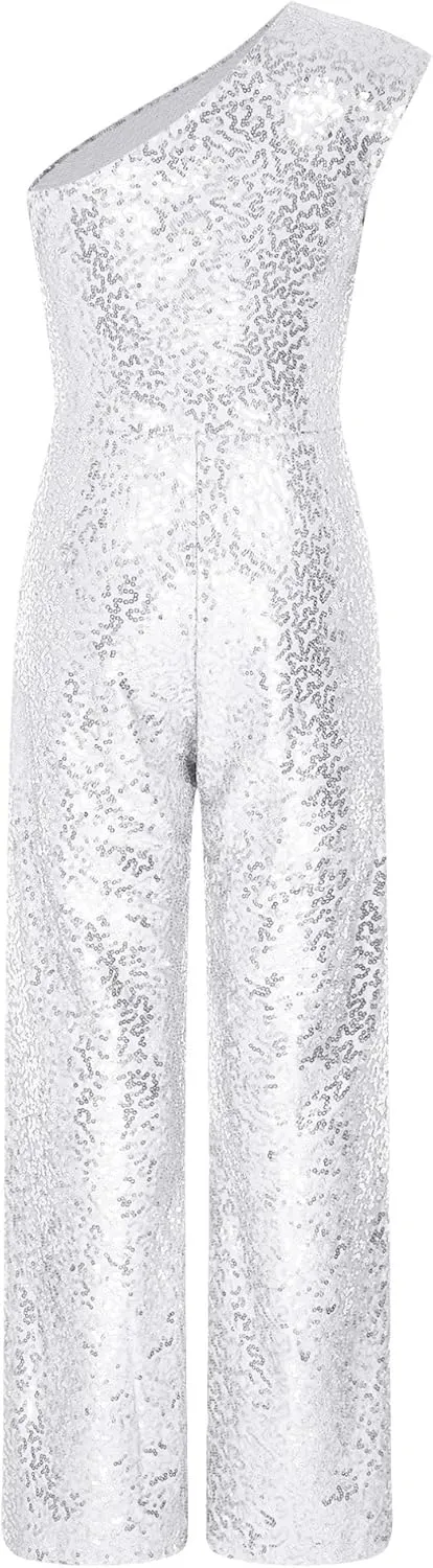 Kids Flower Girls Allover Sequins Jumpsuit One Shoulder Sleeveless Wide Leg Romper Long Pants