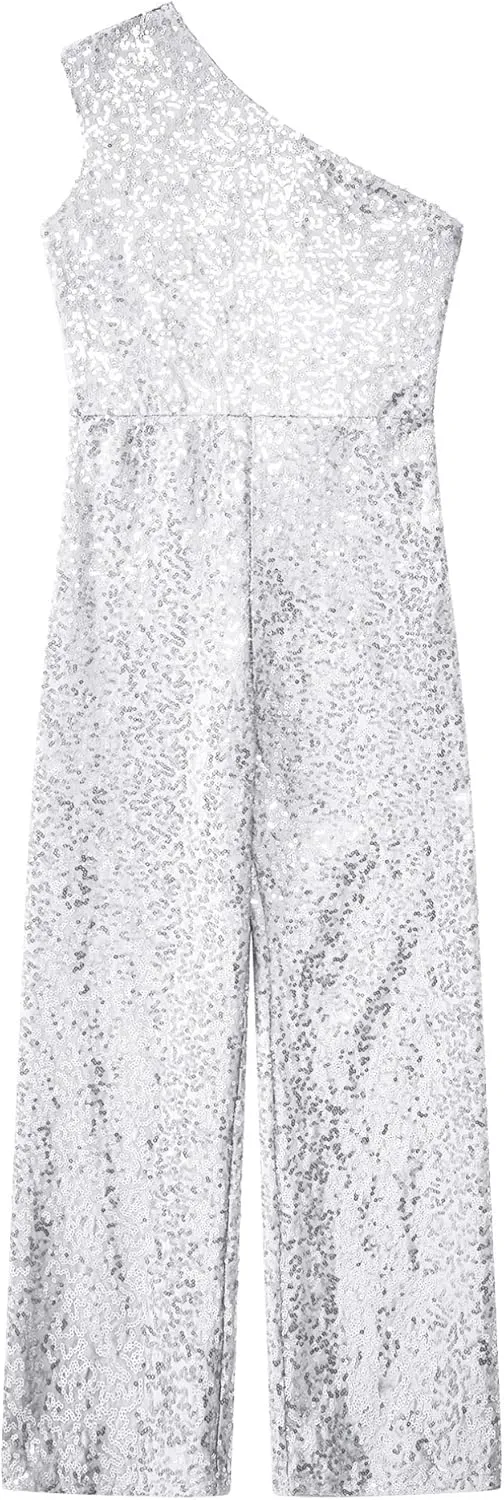 Kids Flower Girls Allover Sequins Jumpsuit One Shoulder Sleeveless Wide Leg Romper Long Pants