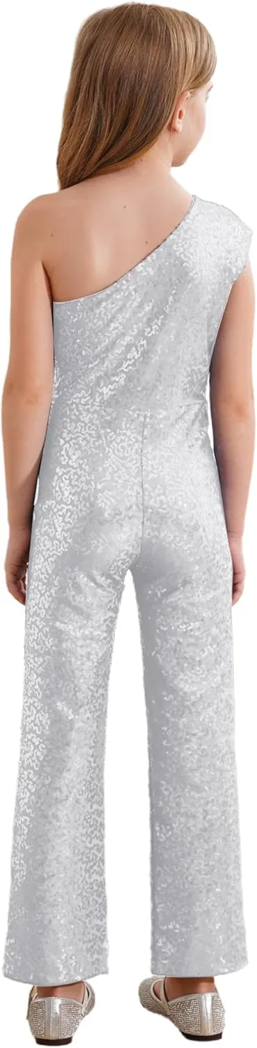 Kids Flower Girls Allover Sequins Jumpsuit One Shoulder Sleeveless Wide Leg Romper Long Pants