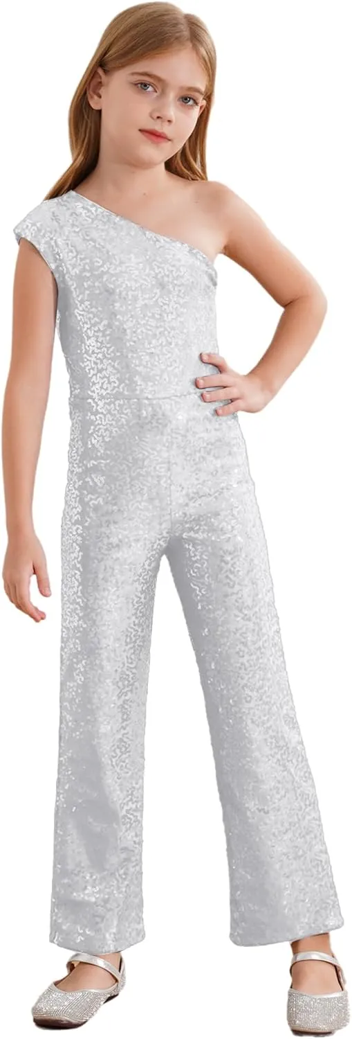 Kids Flower Girls Allover Sequins Jumpsuit One Shoulder Sleeveless Wide Leg Romper Long Pants