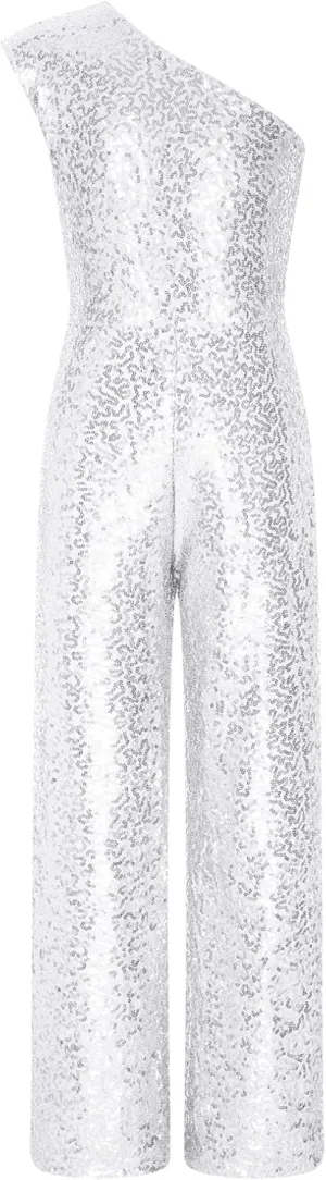 Kids Flower Girls Allover Sequins Jumpsuit One Shoulder Sleeveless Wide Leg Romper Long Pants
