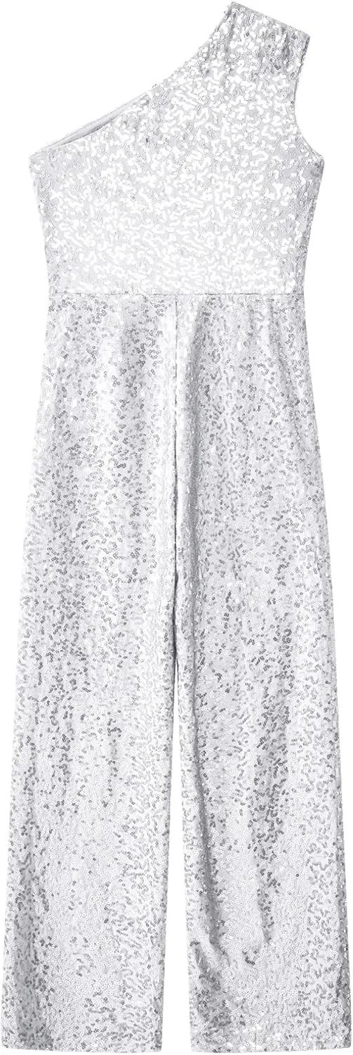 Kids Flower Girls Allover Sequins Jumpsuit One Shoulder Sleeveless Wide Leg Romper Long Pants