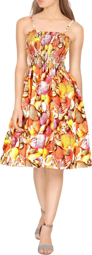LA LEELA Women's Summer Boho Beach Strapless Smocked Mini Swing Dress Tube Top Dresses for Women One Size Orange, Shell