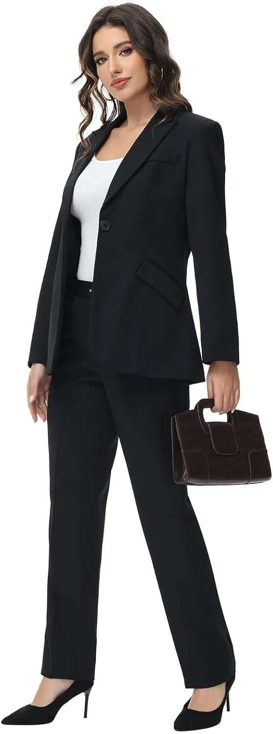 Lamgool Women Suit 2 Pieces Set One Button Lady's Business Formal Peak Lapel Blazer and Pants for Work