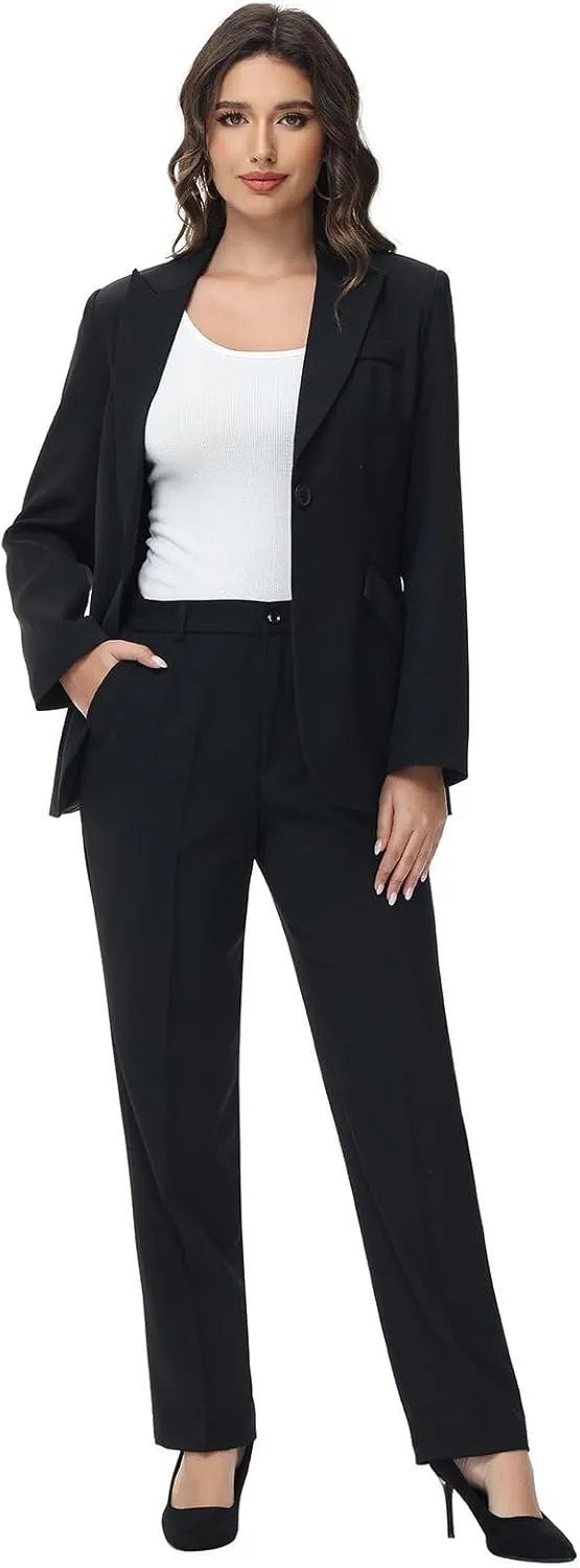 Lamgool Women Suit 2 Pieces Set One Button Lady's Business Formal Peak Lapel Blazer and Pants for Work