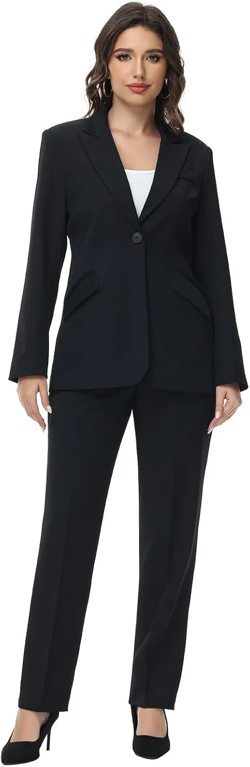 Lamgool Women Suit 2 Pieces Set One Button Lady's Business Formal Peak Lapel Blazer and Pants for Work