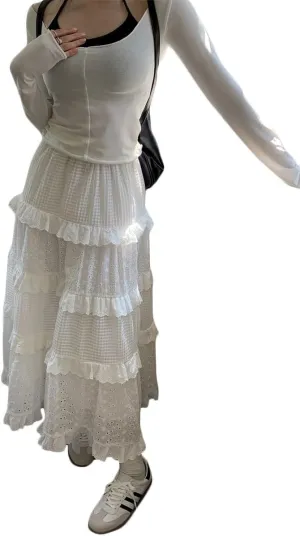 LAVASEON Women's Cute Maxi Skirt A-Line Boho Elastic High Waist Skirts Flowy Swing Ruffle Tiered Long Beach Skirts