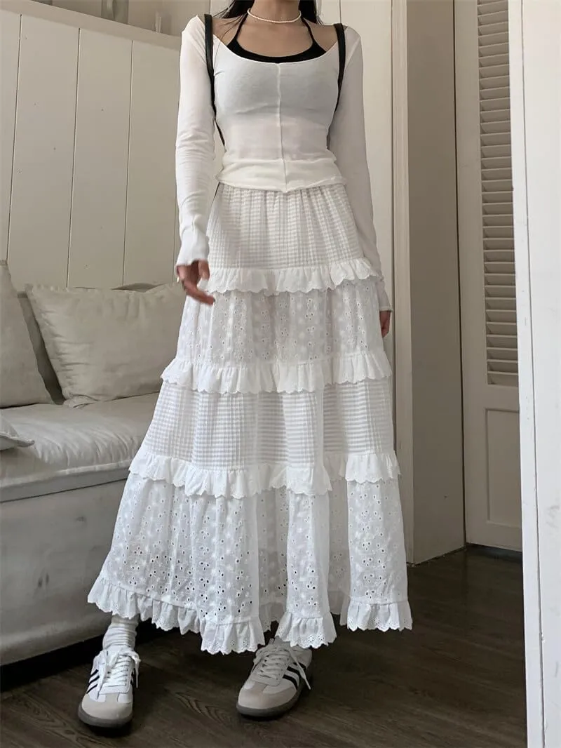 LAVASEON Women's Cute Maxi Skirt A-Line Boho Elastic High Waist Skirts Flowy Swing Ruffle Tiered Long Beach Skirts