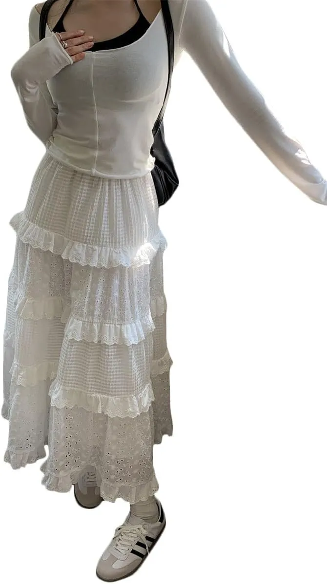 LAVASEON Women's Cute Maxi Skirt A-Line Boho Elastic High Waist Skirts Flowy Swing Ruffle Tiered Long Beach Skirts