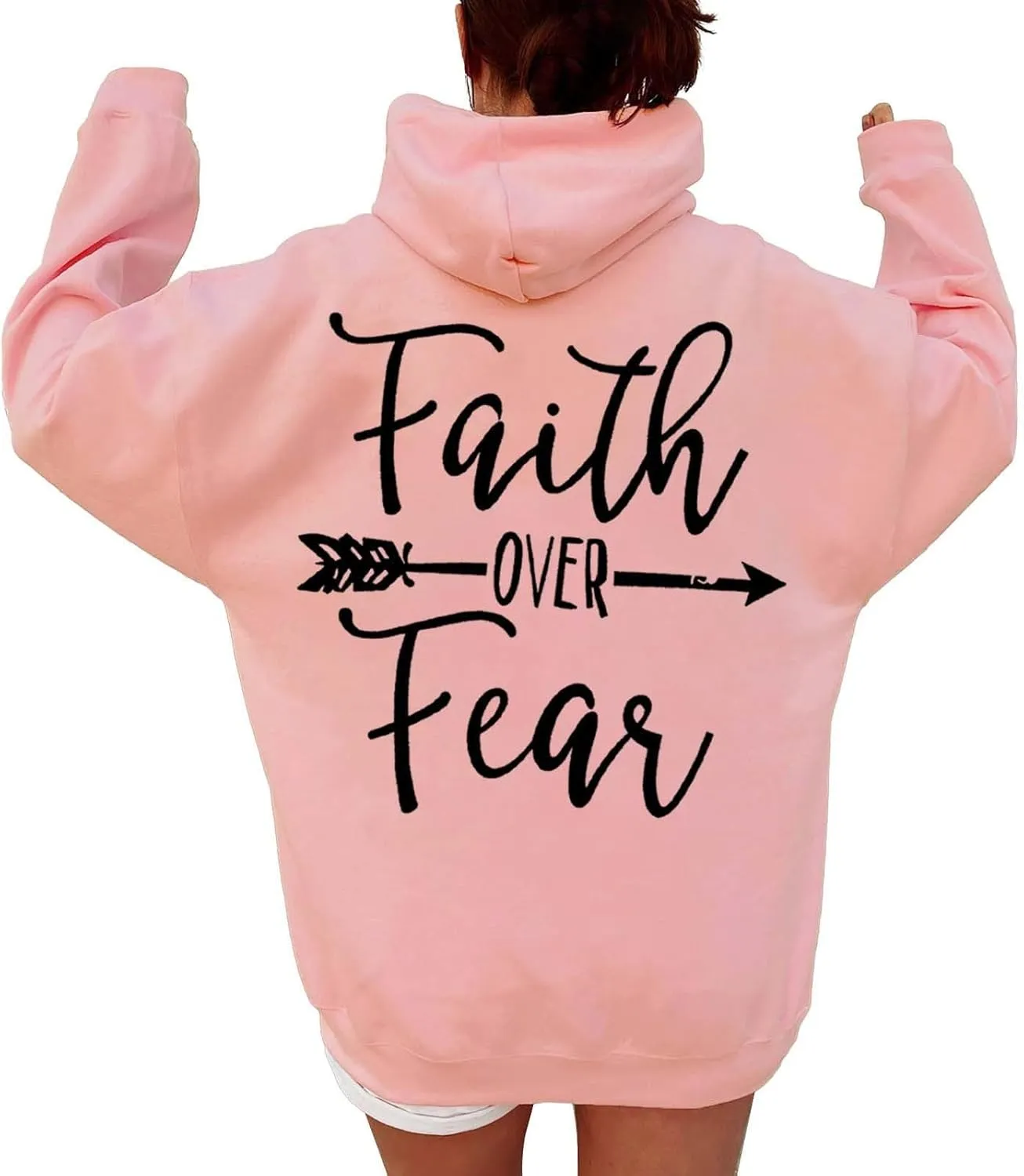 Letter Graphic Hoodie for Women Oversized Long Sleeves Sweatshirt Faith Over Fear Sweater Fall Clothes with Pocket