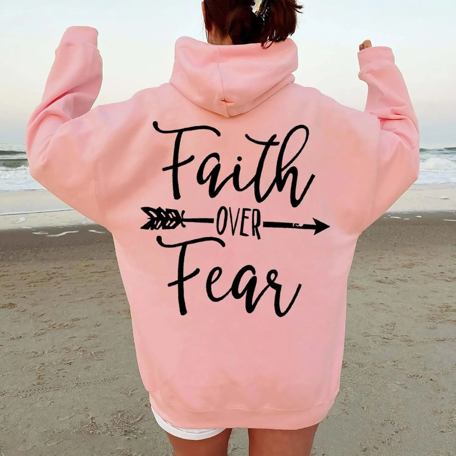 Letter Graphic Hoodie for Women Oversized Long Sleeves Sweatshirt Faith Over Fear Sweater Fall Clothes with Pocket