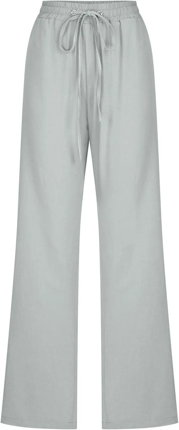 Linen Pants for Women 2024 Summer Trendy Drawstring Elastic Waist Wide Leg Straight Casual Work Trousers with Pockets
