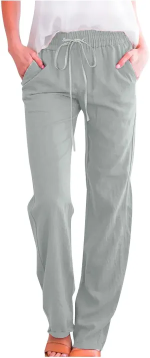 Linen Pants for Women 2024 Summer Trendy Drawstring Elastic Waist Wide Leg Straight Casual Work Trousers with Pockets