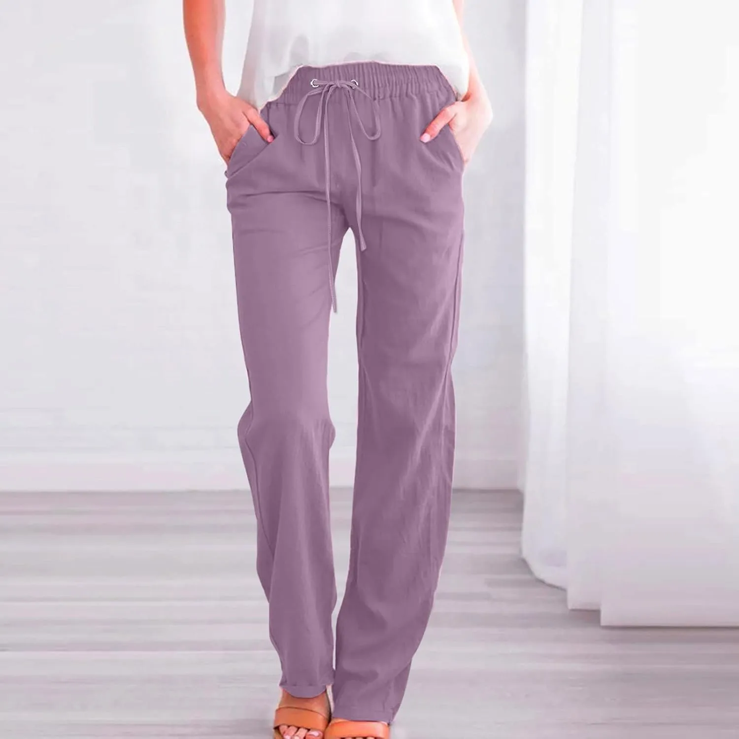Linen Pants for Women 2024 Summer Trendy Drawstring Elastic Waist Wide Leg Straight Casual Work Trousers with Pockets