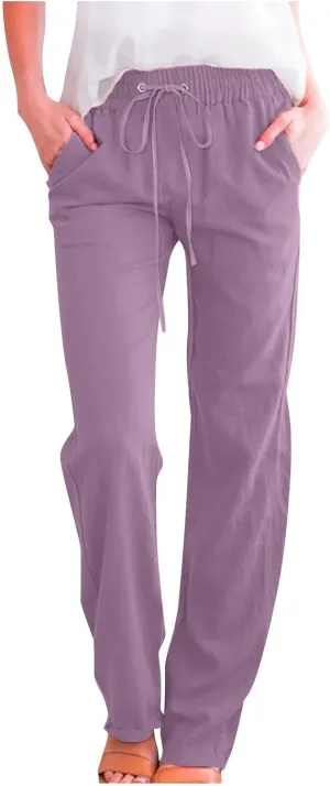 Linen Pants for Women 2024 Summer Trendy Drawstring Elastic Waist Wide Leg Straight Casual Work Trousers with Pockets