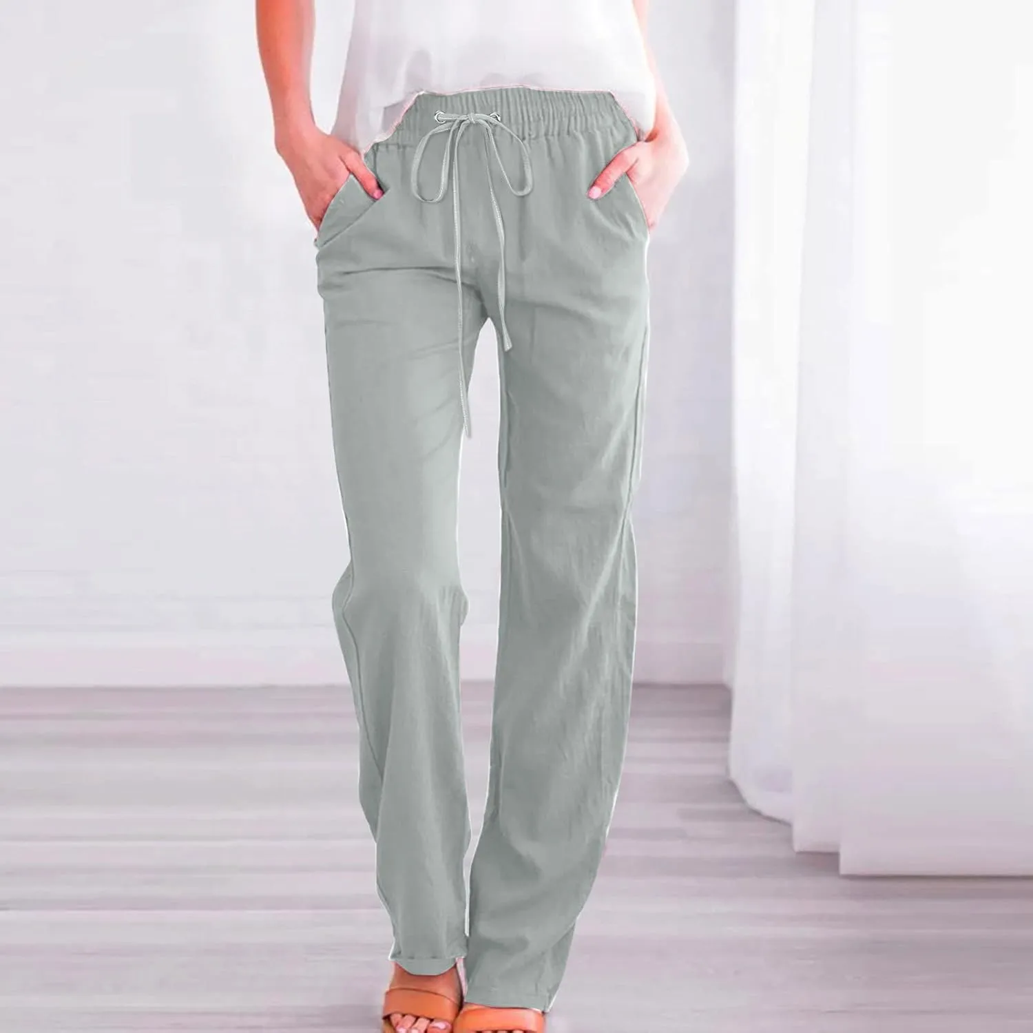 Linen Pants for Women 2024 Summer Trendy Drawstring Elastic Waist Wide Leg Straight Casual Work Trousers with Pockets