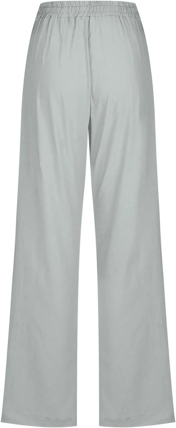 Linen Pants for Women 2024 Summer Trendy Drawstring Elastic Waist Wide Leg Straight Casual Work Trousers with Pockets
