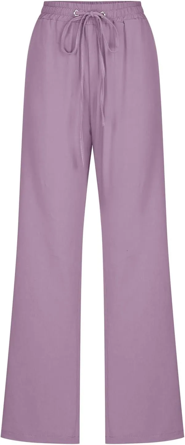 Linen Pants for Women 2024 Summer Trendy Drawstring Elastic Waist Wide Leg Straight Casual Work Trousers with Pockets