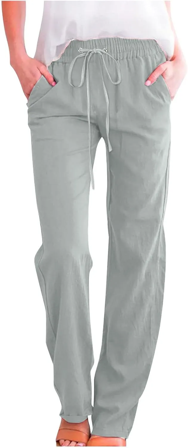 Linen Pants for Women 2024 Summer Trendy Drawstring Elastic Waist Wide Leg Straight Casual Work Trousers with Pockets