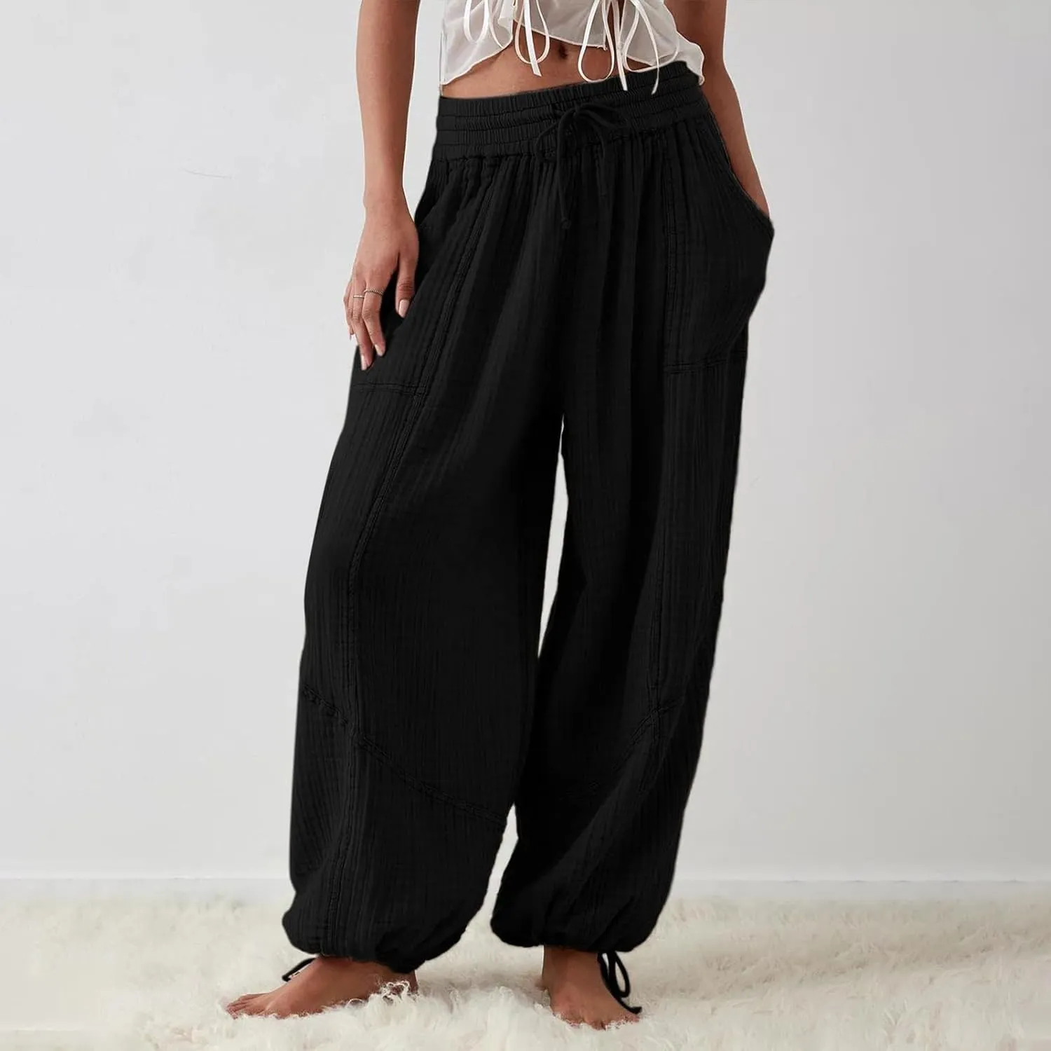 Litetao Linen Pants Women Summer Short Womens Casual Elastic Drawstring Pants Straight Trousers with Pockets Cargo Pants