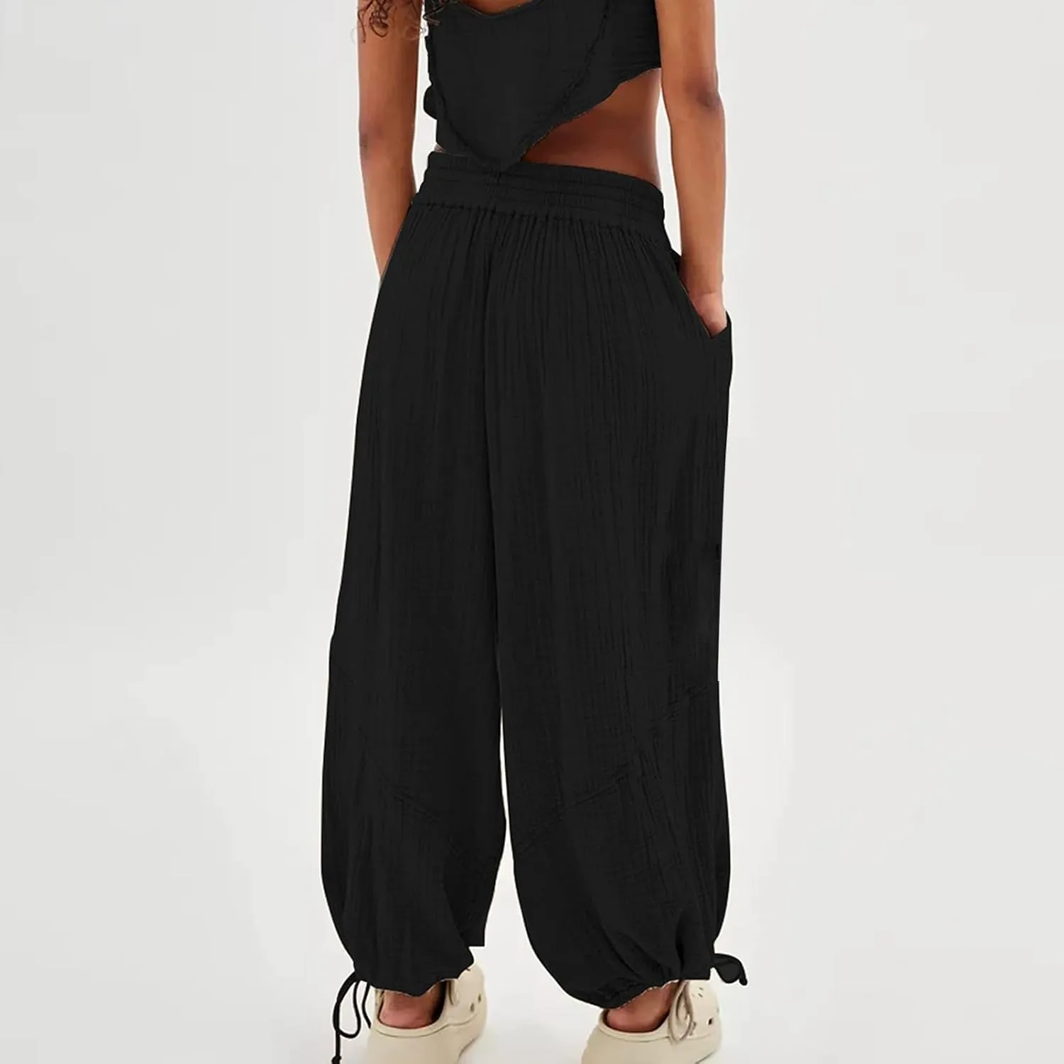Litetao Linen Pants Women Summer Short Womens Casual Elastic Drawstring Pants Straight Trousers with Pockets Cargo Pants