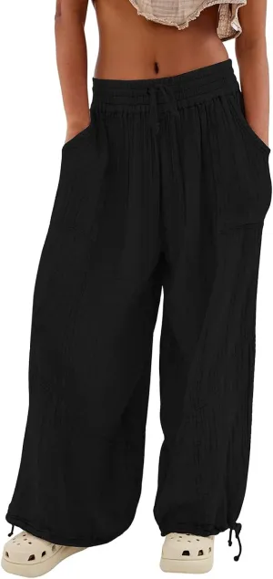 Litetao Linen Pants Women Summer Short Womens Casual Elastic Drawstring Pants Straight Trousers with Pockets Cargo Pants