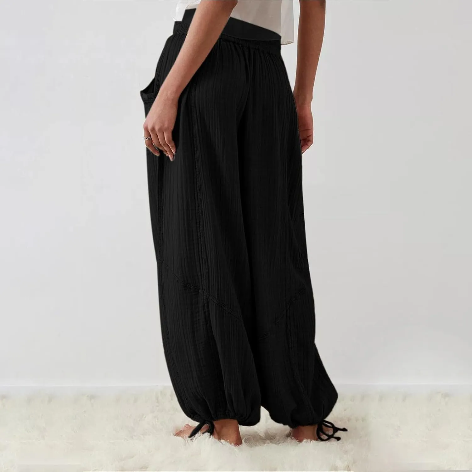 Litetao Linen Pants Women Summer Short Womens Casual Elastic Drawstring Pants Straight Trousers with Pockets Cargo Pants
