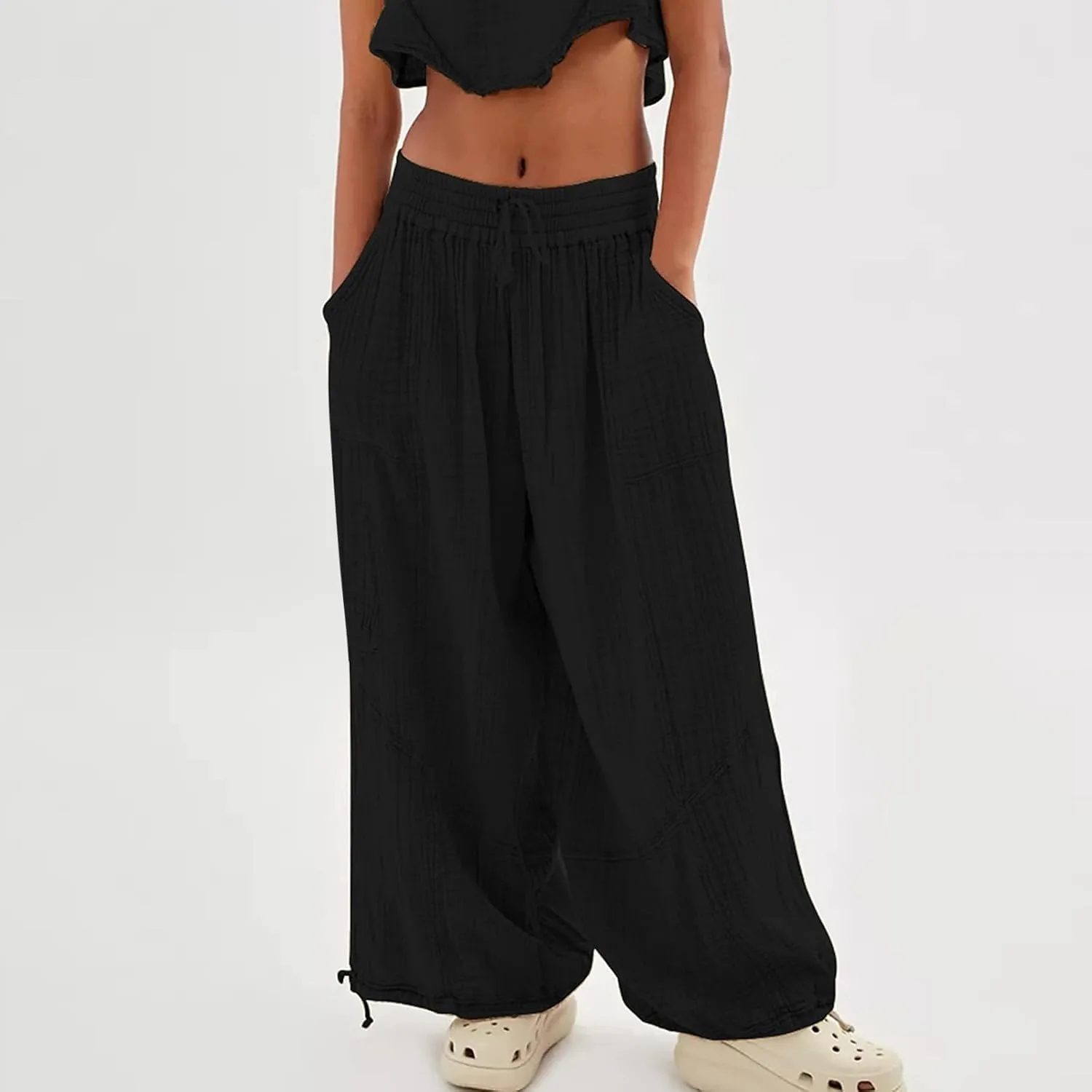 Litetao Linen Pants Women Summer Short Womens Casual Elastic Drawstring Pants Straight Trousers with Pockets Cargo Pants