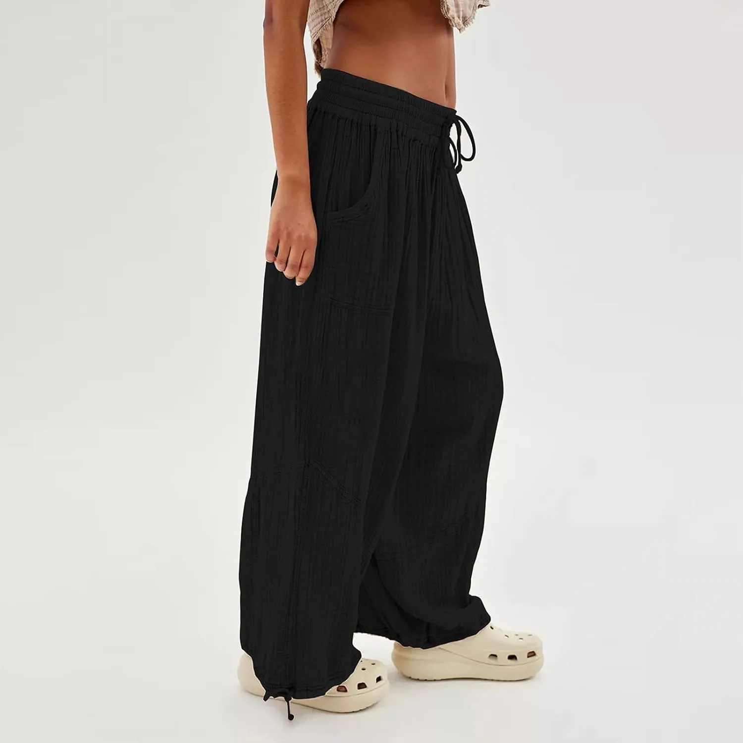 Litetao Linen Pants Women Summer Short Womens Casual Elastic Drawstring Pants Straight Trousers with Pockets Cargo Pants