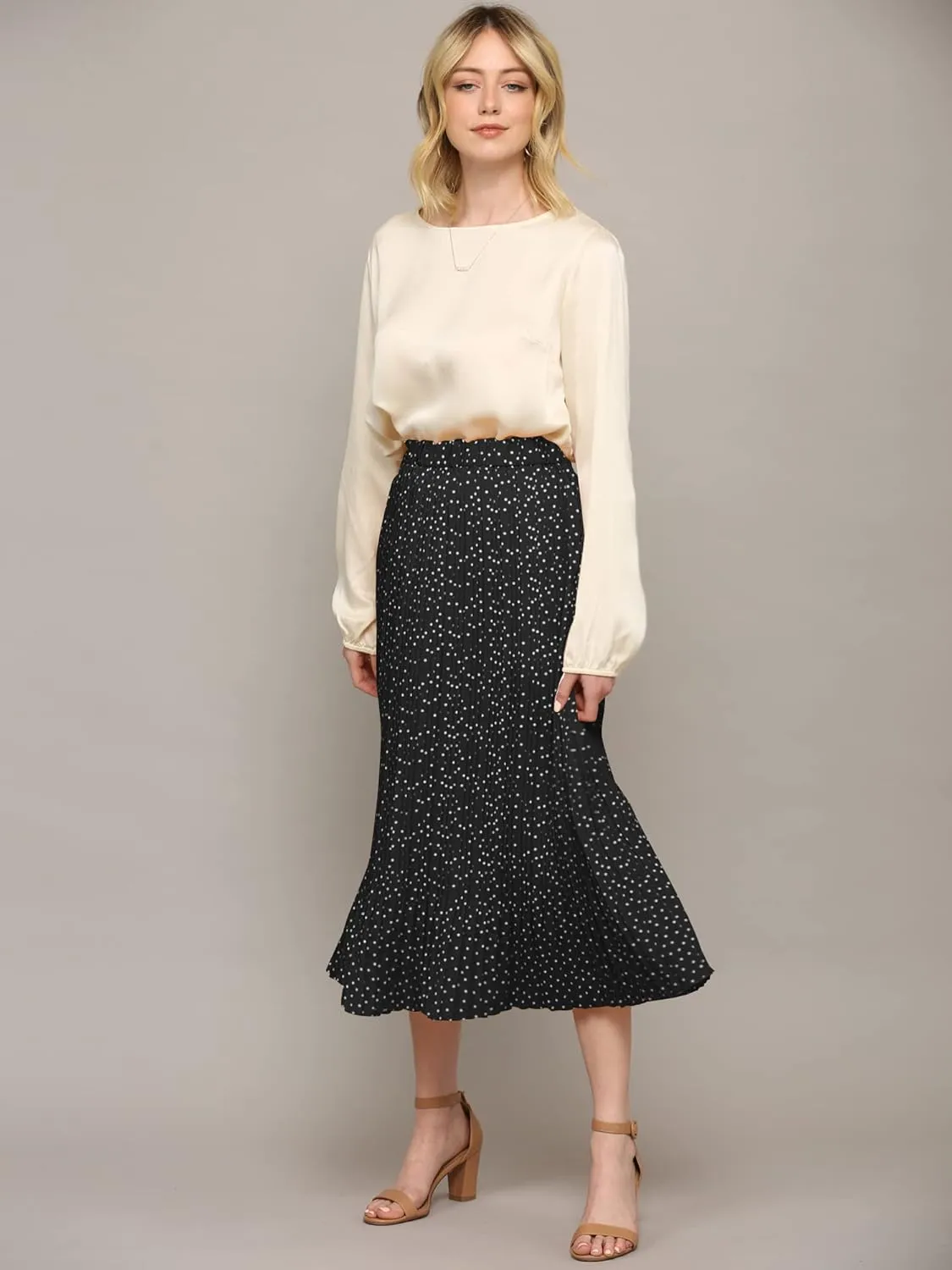Lock and Love Womens High Waist Polka Dot Pleated Midi Swing Skirt with Pockets