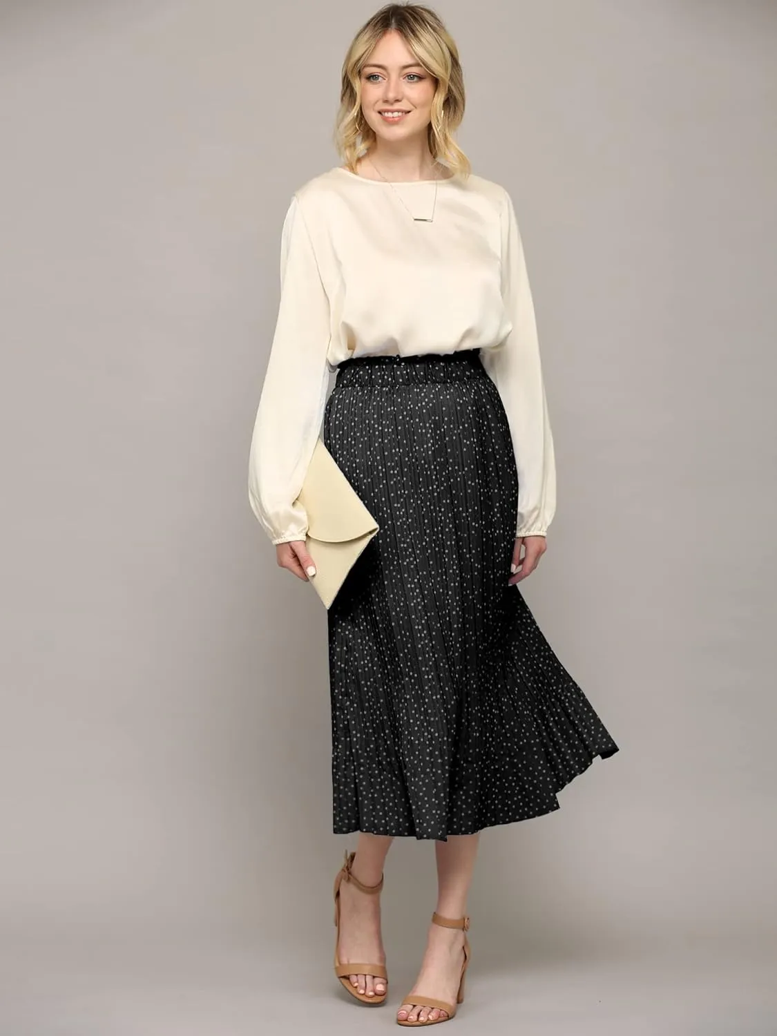 Lock and Love Womens High Waist Polka Dot Pleated Midi Swing Skirt with Pockets