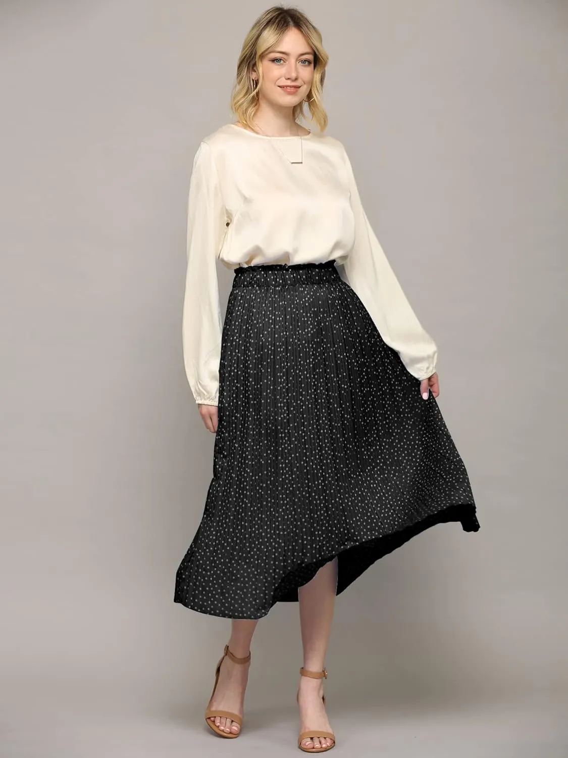 Lock and Love Womens High Waist Polka Dot Pleated Midi Swing Skirt with Pockets