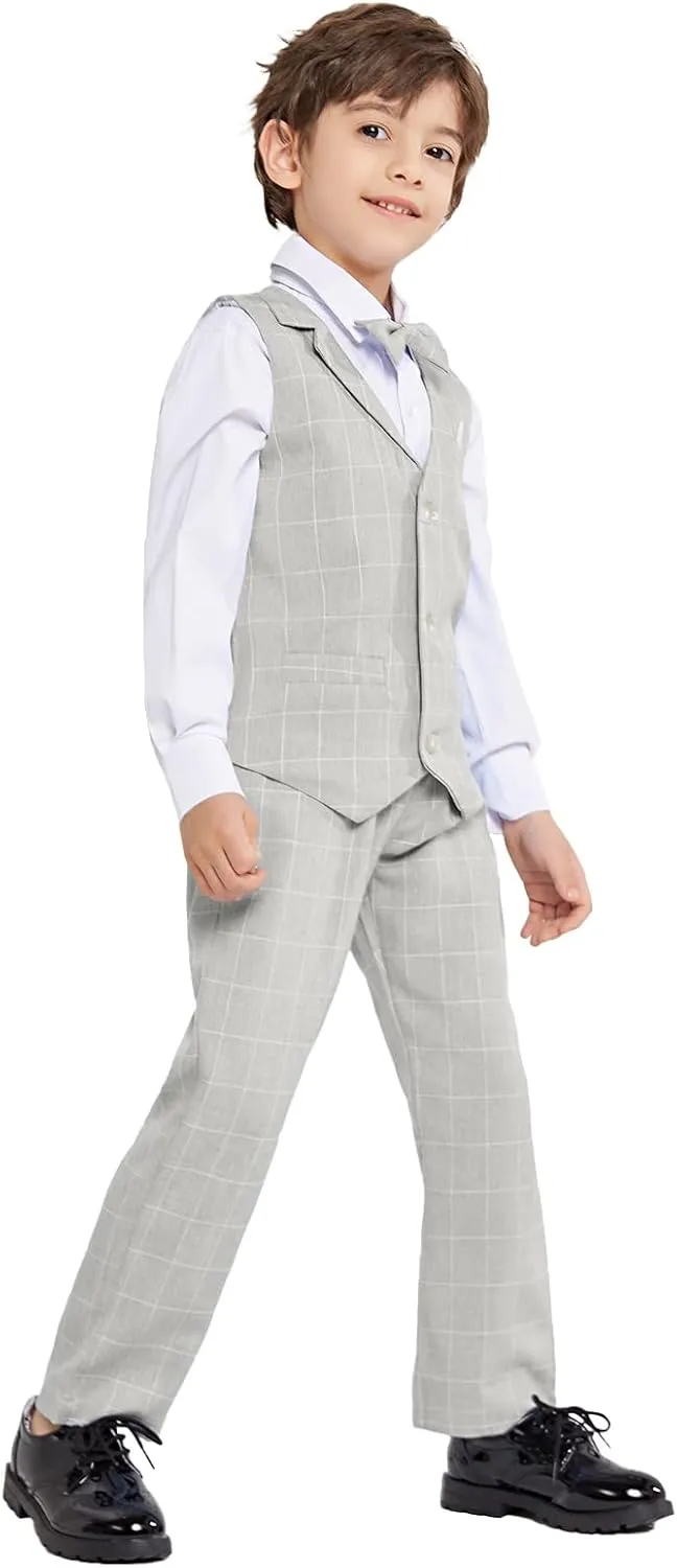 LOLANTA Boys Vest Suits 4PCs Wedding Ring Bearer Outfits Wasitcoat Shirt Pants Bow Tie 2-13 Years