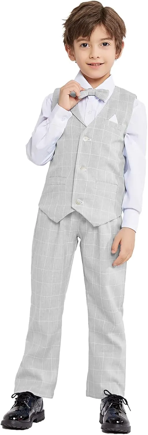 LOLANTA Boys Vest Suits 4PCs Wedding Ring Bearer Outfits Wasitcoat Shirt Pants Bow Tie 2-13 Years