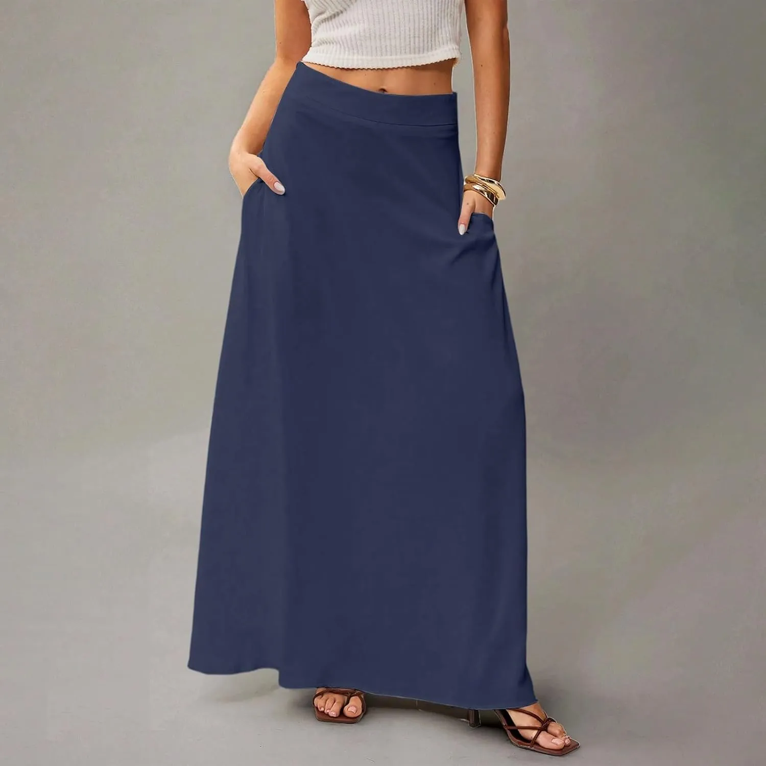 Long Skirts for Women Floral Boho High Waisted Maxi Skirts with Pockets Flowy Beach Vacation Casual A Line Skirt