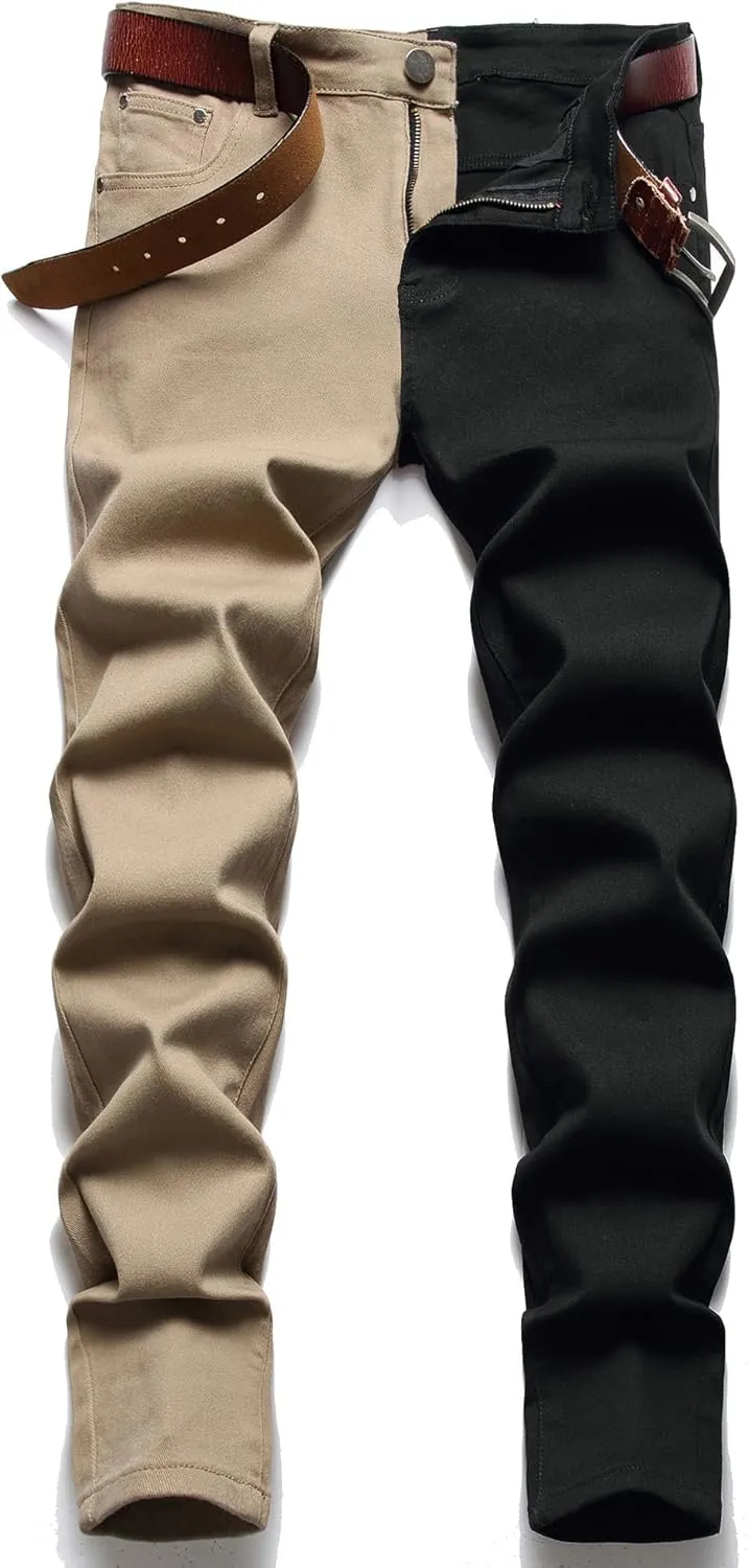 LONGBIDA Men's Slim Fit Skinny Jeans Two Tone Patchwork Designer Stretch Regular Denim Pants