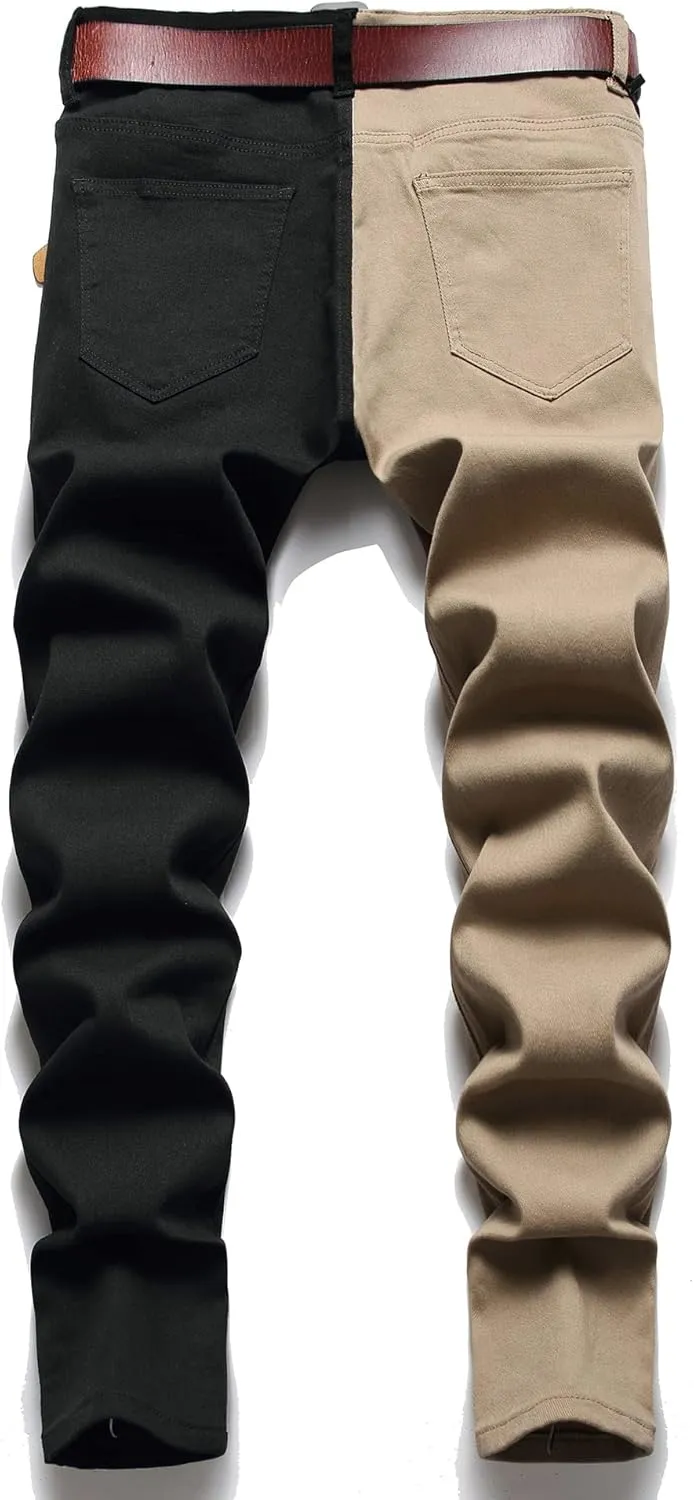 LONGBIDA Men's Slim Fit Skinny Jeans Two Tone Patchwork Designer Stretch Regular Denim Pants