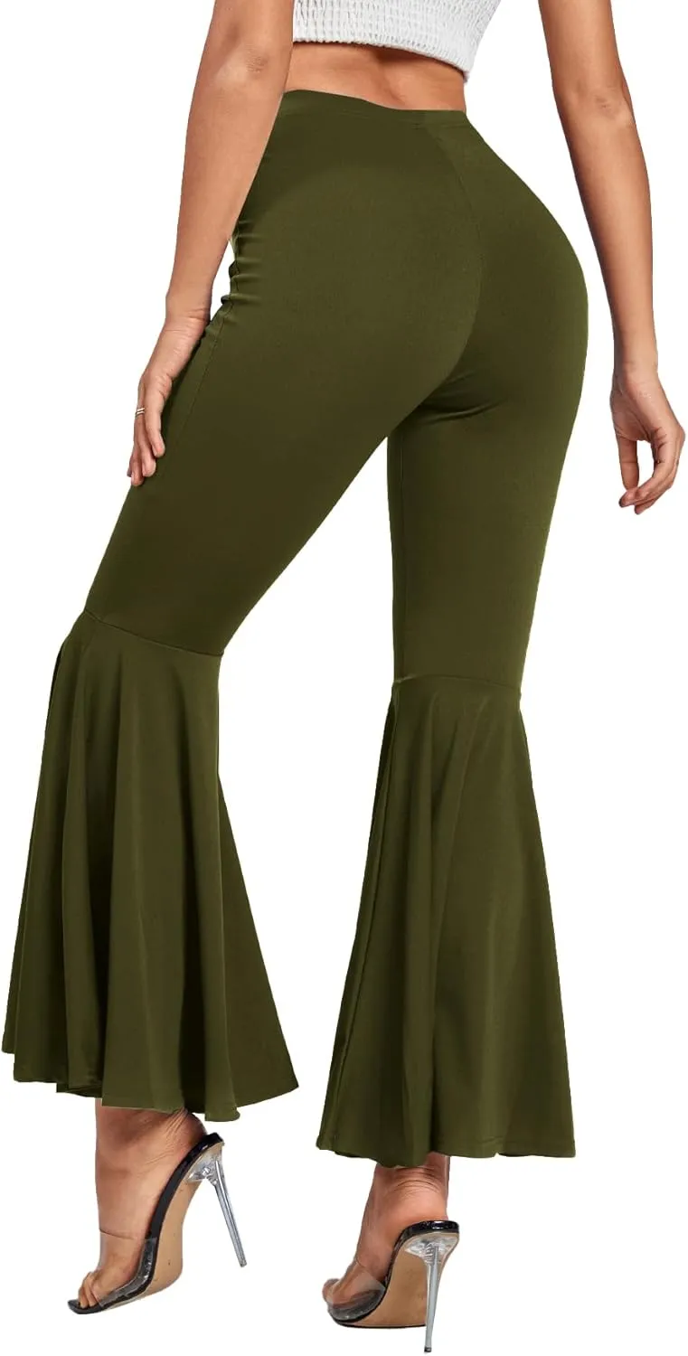 LYANER Women's Casual High Waist Ruffle Flare Pants Wide Leg Solid Stretchy Bell Bottom