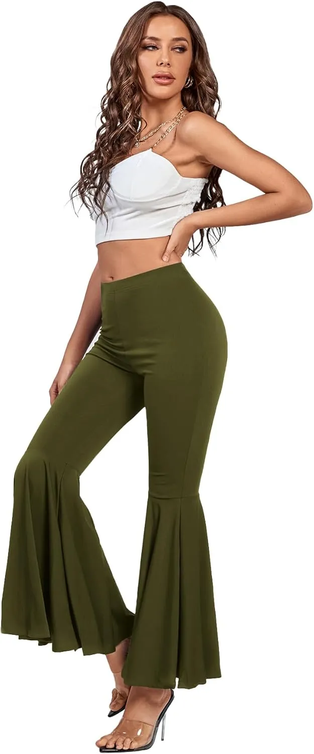 LYANER Women's Casual High Waist Ruffle Flare Pants Wide Leg Solid Stretchy Bell Bottom