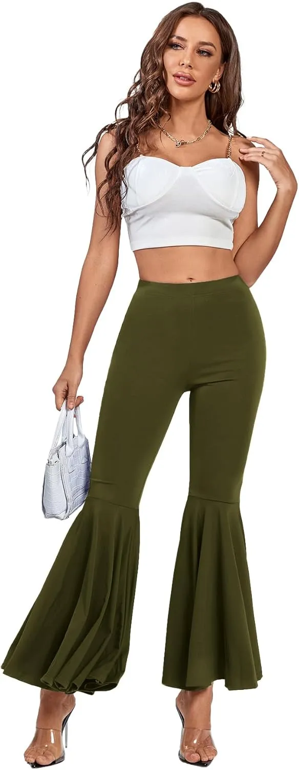 LYANER Women's Casual High Waist Ruffle Flare Pants Wide Leg Solid Stretchy Bell Bottom