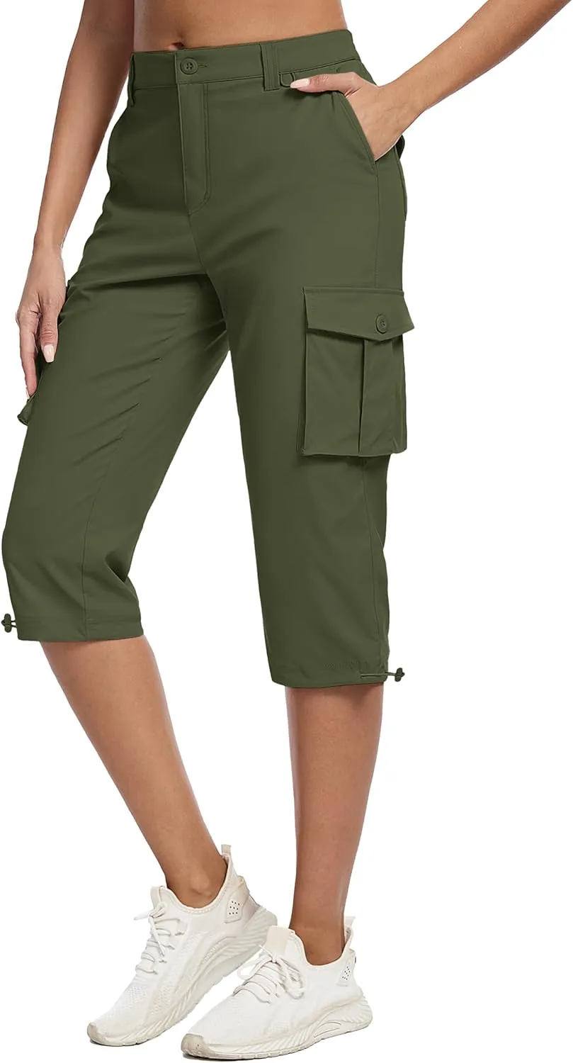 MAGCOMSEN Women's Cargo Capris Pants with 6 Pockets Lightweight Water Resistant Hiking Travel Pants Summer Casual