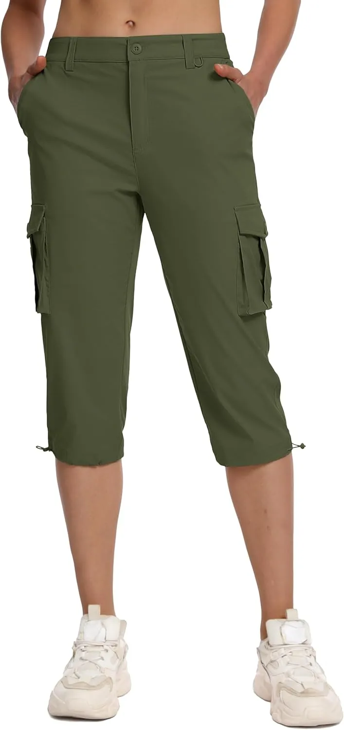 MAGCOMSEN Women's Cargo Capris Pants with 6 Pockets Lightweight Water Resistant Hiking Travel Pants Summer Casual
