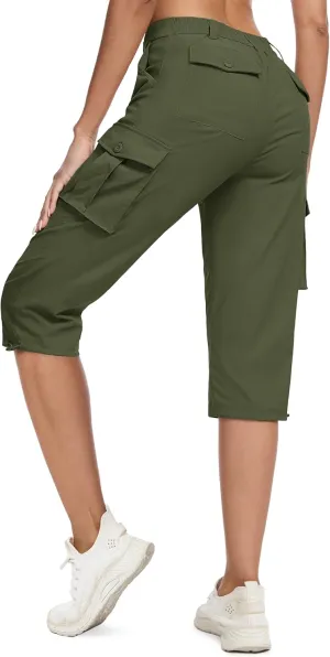 MAGCOMSEN Women's Cargo Capris Pants with 6 Pockets Lightweight Water Resistant Hiking Travel Pants Summer Casual