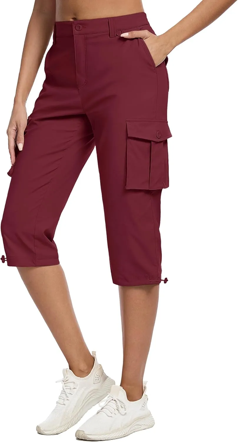 MAGCOMSEN Women's Cargo Capris Pants with 6 Pockets Lightweight Water Resistant Hiking Travel Pants Summer Casual