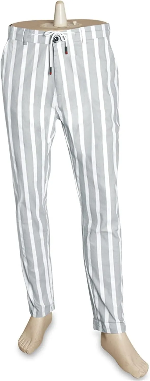 Maiyifu-GJ Men's Striped Elastic Waist Drawstring Pants Skinny Bussiness Dress Trousers Lightweight Tapered Chino Pant