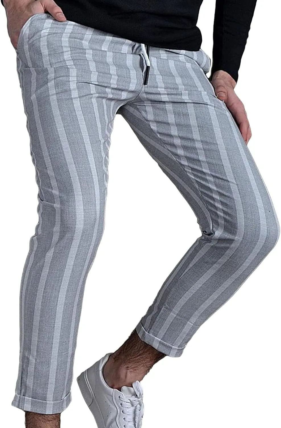 Maiyifu-GJ Men's Striped Elastic Waist Drawstring Pants Skinny Bussiness Dress Trousers Lightweight Tapered Chino Pant