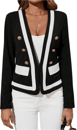 MakeMeChic Women's Open Front Button Decor Jacket Long Sleeve Work Office Blazer Coat