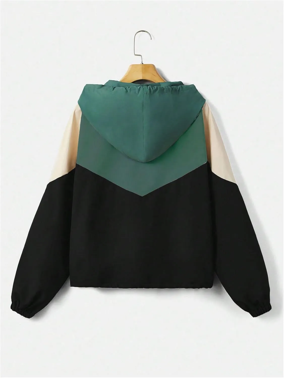MakeMeChic Women's Plus Size Colorblock Hooded Coat Drawstring Zip Up Long Sleeve Windbreaker Jacket