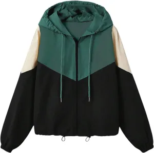 MakeMeChic Women's Plus Size Colorblock Hooded Coat Drawstring Zip Up Long Sleeve Windbreaker Jacket
