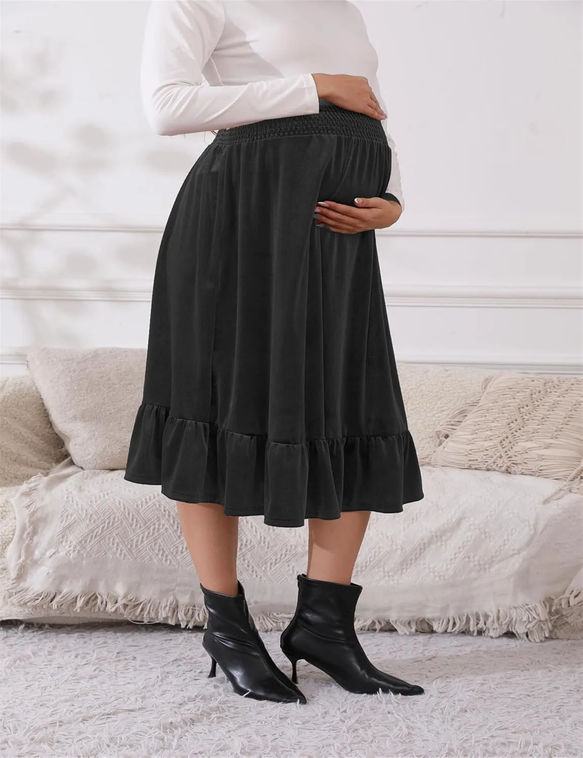 Maternity Skirt Women's High Waist Maternity Skirts Ruffled Tiered Casual A Line Swing Boho Skirts for Women